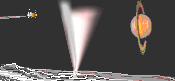 Imagined depiction of surface of Enceladus and a geyser spouting from a hole