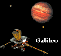 Spacecraft Galileo with Jupiter and two of its moons