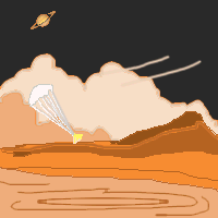 Imagined depiction of the Huygens probe, its parachute deployed, setting down on an alien landscape that has mountains, clouds, and liquid pools. Looks like Huygens is going to hit the pool!