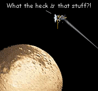 Cassini flies over the strange dark and light sides of Iapetus, wondering, 'What the heck IS that stuff?!'