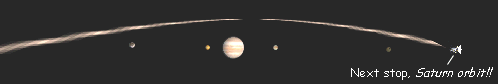Cassini passes Jupiter and the Galilean moons, saying, 'Next stop, Saturn orbit!'