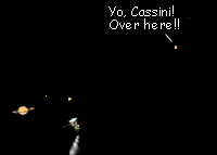 Cassini is shown orbiting the inner Saturn system, and the moon Iapetus, farther out, calls to the spacecraft, saying, 'Yo, Cassini! Over here!!'