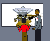 A black man in a suit with a JPL badge talks to his son who is looking through the viewing window at Cassini