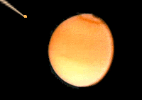 Image of Titan with Huygens probe shooting right toward it