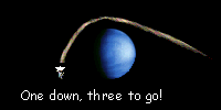 Cassini is shown zooming around Venus, saying, 'One down, three to go!'